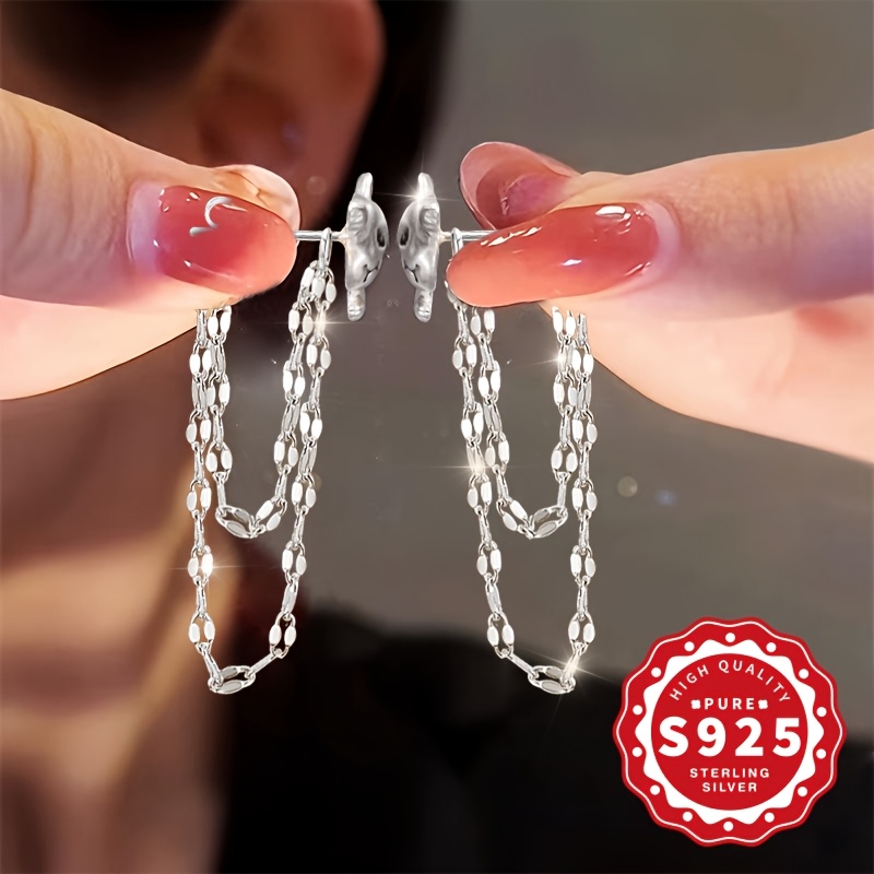 Women's S925 Silver Cat Double-Layer Lip Tassel Earrings — Elegant Gift